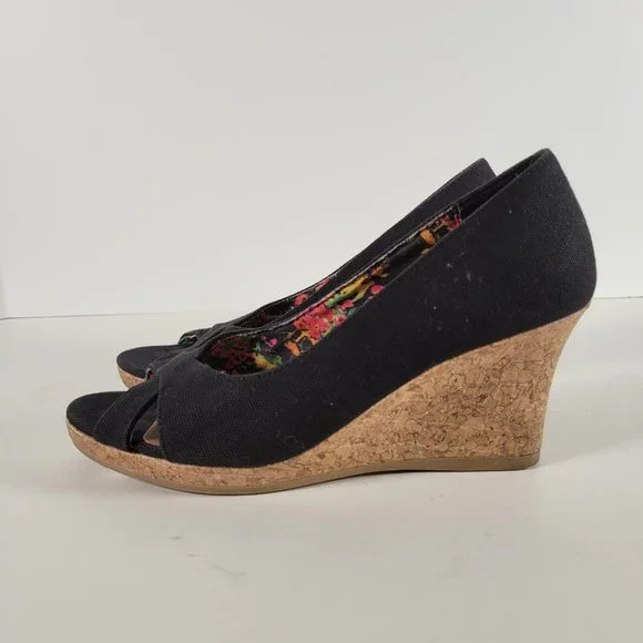 DexFlex Comfort Black Canvas Cork Wedge Peep Heels Shoes Women Size 6 - Picture 3 of 11